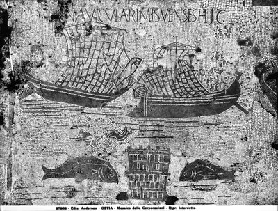 Pavement detail from the Piazzale dell Corporazioni depicting a nautical scene by Roman